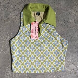 Shein MOD Green Floral Collared Crop‎ Sleeveless Tank Top Size XS Retro Preppy
